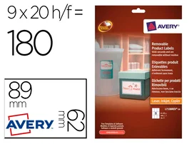 Avery Etiquetas Adhesivas Removibles Blancas 62x89 mm, 9 Etiquetas/Hoja, Compatibles Impresora Láser, Inyección Tinta, Fotocopiadora, Certificado FSC