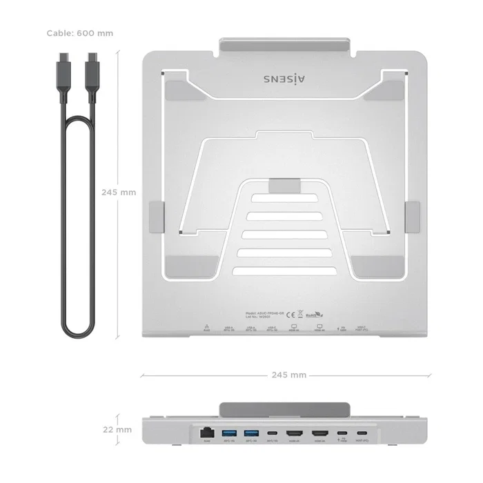 Aisens Soporte de Sobremesa Ajustable con Docking USB-C 7 en 1, Gris, ASUC-7P046-GR