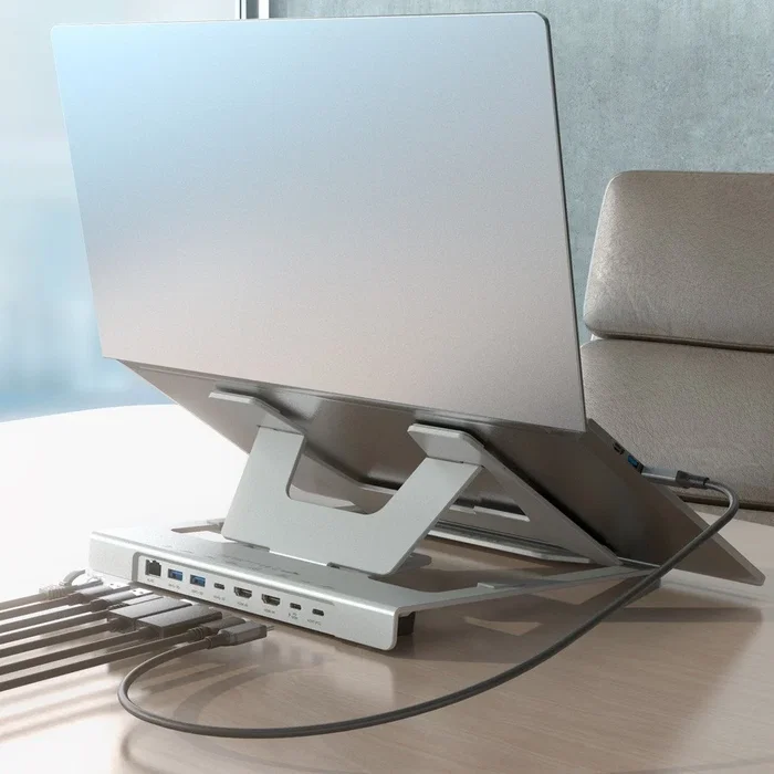 Aisens Soporte de Sobremesa Ajustable con Docking USB-C 7 en 1, Gris, ASUC-7P046-GR