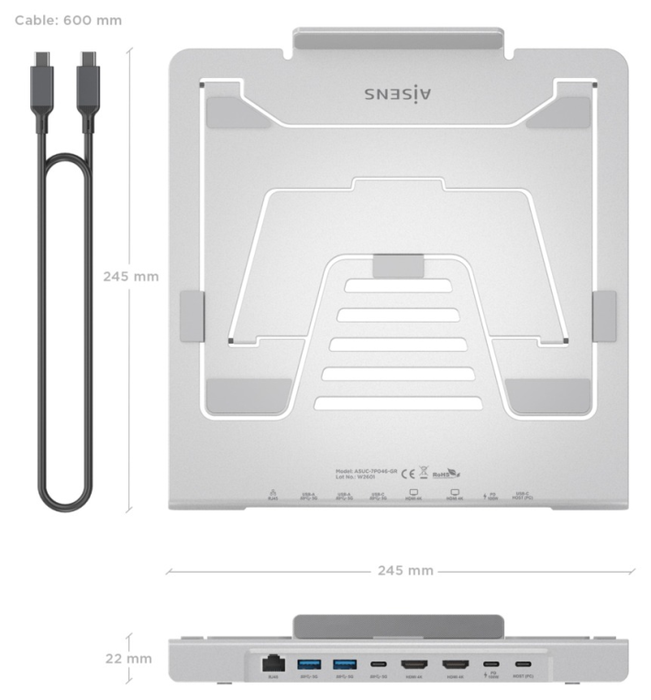 Aisens Soporte de Sobremesa Ajustable con Docking USB-C 7 en 1, Gris, ASUC-7P046-GR