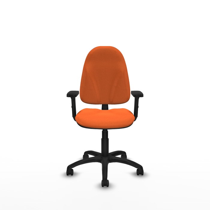 Silla de oficina Algarra con mecanismo Contacto permanente básico tapizada con Tela color Naranja. Equipada con Base poliamida negra, Brazos 2D y Ruedas autofrenantes