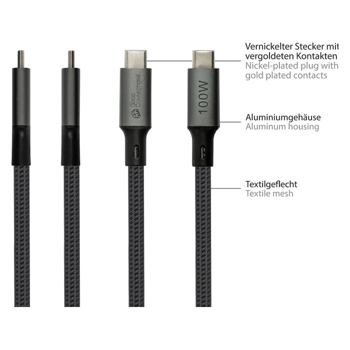 GoodConnections Cable USB-C 4.0 (ST-ST) 1m Textilmantel 100W 8K 30Hz Gris