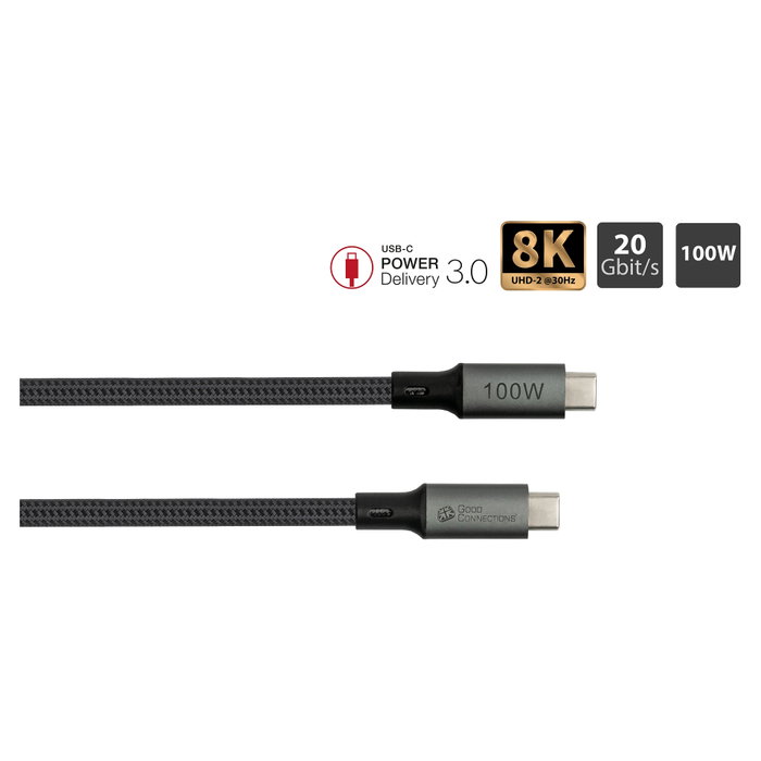 GoodConnections Cable USB-C 4.0 (ST-ST) 1m Textilmantel 100W 8K 30Hz Gris