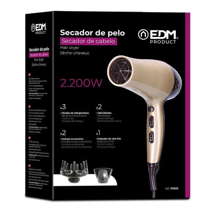 Edm Secador de Pelo con Difusor 1800-2200 W Secado 100% Libre de Daños con 2 Velocidades y 3 Niveles de Temperatura Dorado/Negro