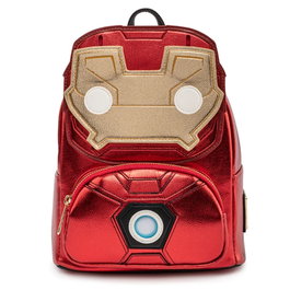Loungefly Mini Mochila Marvel Iron Man con Luz, Mascara Revela a Tony Stark, Reactor Arco Iluminado, Cuero Vegano Metálico, 22.8x26.6x10 cm