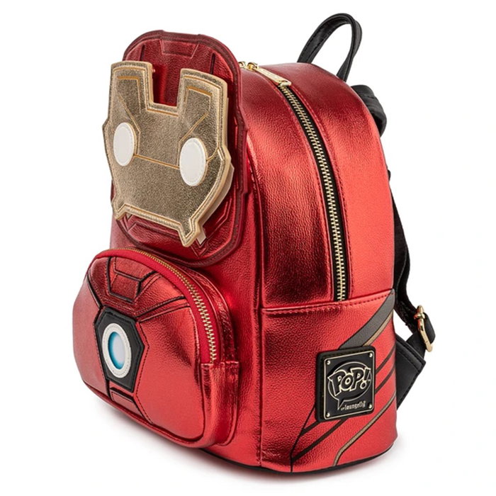 Loungefly Mini Mochila Marvel Iron Man con Luz, Mascara Revela a Tony Stark, Reactor Arco Iluminado, Cuero Vegano Metálico, 22.8x26.6x10 cm