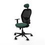 Silla de oficina Jorquera con mecanismo Sincro/Traslack tapizada con Tela color Verde botella y malla color Negro. Equipada con lumbar 1D, Brazos 1D, Cabecero Fijo y Ruedas 65mm nailon