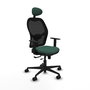 Silla de oficina Jorquera con mecanismo Sincro/Traslack tapizada con Tela color Verde botella y malla color Negro. Equipada con lumbar 1D, Brazos 1D, Cabecero Fijo y Ruedas 65mm nailon