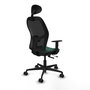 Silla de oficina Jorquera con mecanismo Sincro/Traslack tapizada con Tela color Verde botella y malla color Negro. Equipada con lumbar 1D, Brazos 1D, Cabecero Fijo y Ruedas 65mm nailon