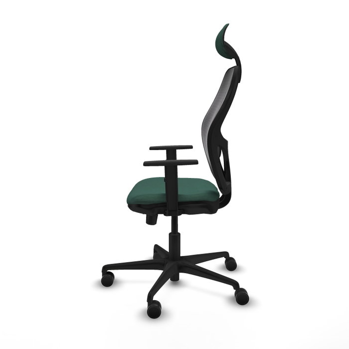 Silla de oficina Jorquera con mecanismo Sincro/Traslack tapizada con Tela color Verde botella y malla color Negro. Equipada con lumbar 1D, Brazos 1D, Cabecero Fijo y Ruedas 65mm nailon Silla de oficina Jorquera con mecanismo Sincro/Traslack tapizada con Tela color Verde botella y malla color Negro. Equipada con lumbar 1D, Brazos 1D, Cabecero Fijo y Ruedas 65mm nailon