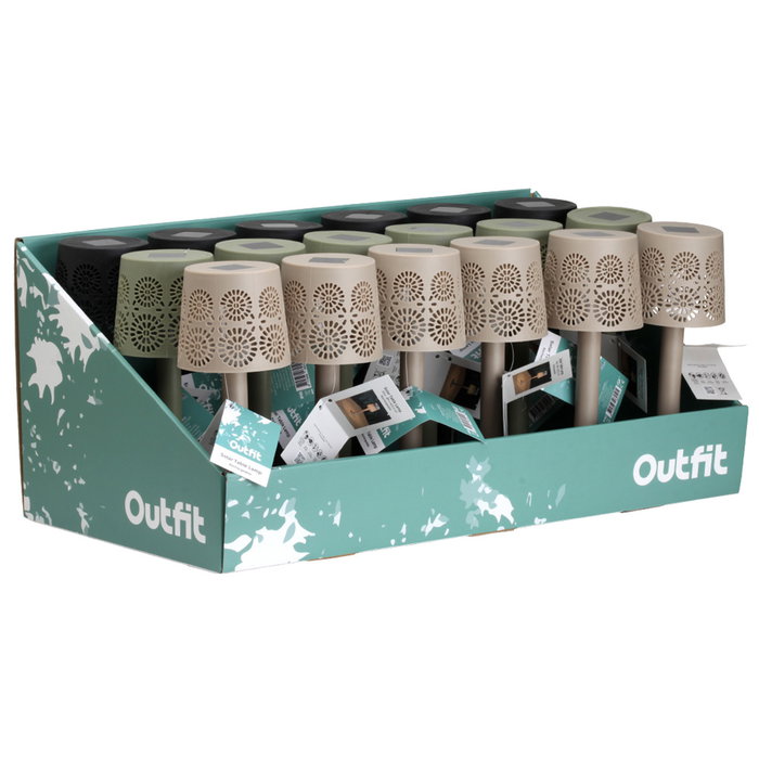 Outfit Lámpara de Mesa Solar con Pantalla Calada, Colores Surtidos (Beige, Negro, Verde), Diámetro 9 cm x Altura 23.5 cm