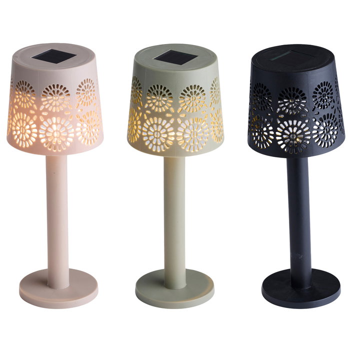 Outfit Lámpara de Mesa Solar con Pantalla Calada, Colores Surtidos (Beige, Negro, Verde), Diámetro 9 cm x Altura 23.5 cm