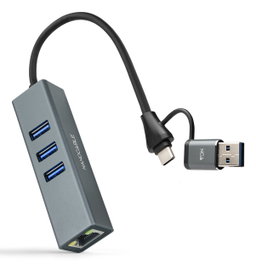 Nanocable Conversor USB-C y USB-A a Ethernet RJ45 y 3xUSB-A 3.0 Gris 15cm