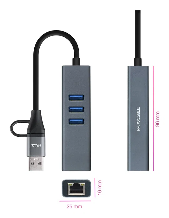 Nanocable Conversor USB-C y USB-A a Ethernet RJ45 y 3xUSB-A 3.0 Gris Nanocable Conversor USB-C y USB-A a Ethernet RJ45 y 3xUSB-A 3.0 Gris