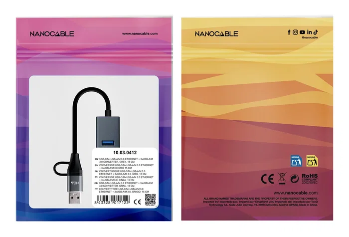 Nanocable Conversor USB-C y USB-A a Ethernet RJ45 y 3xUSB-A 3.0 Gris Nanocable Conversor USB-C y USB-A a Ethernet RJ45 y 3xUSB-A 3.0 Gris