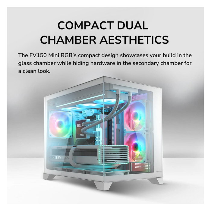 Cougar CGR-2QA6W-RGB Mini FV150 ARGB, Mini Tower Gaming, Blanco, Ventana Lateral, 1x 120mm Ventilador Trasero, microATX/Mini-ITX, Iluminación ARGB, Multi, Panel de Cristal Templado