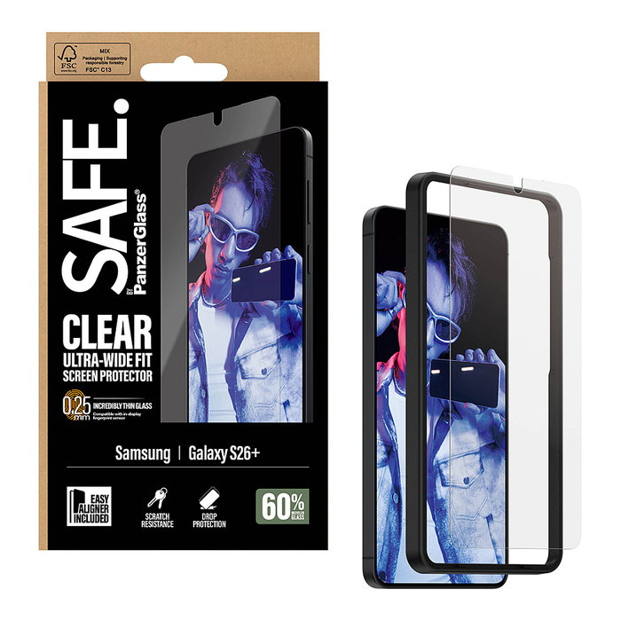 PanzerGlass SAFE Protector de pantalla para Samsung Galaxy S26+ Ultra-Wide Fit con EasyAligner
