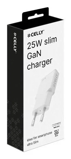 Celly SLIMTC1C25W Adaptador Carga Rápida 25W con 1 Puerto USB-C para Portátil, Smartphone, Tablet, 9V/3A, Blanco