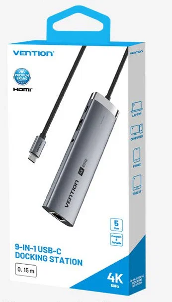 Vention TGV Dock 9-en-1 Hub USB-C 3.2 Gen 1 con PD 100W, HDMI 4K@60Hz, Ethernet, Lector SD/TF y Jack 3.5mm para Laptop, Cable 15cm Vention TGV Dock 9-en-1 Hub USB-C 3.2 Gen 1 con PD 100W, HDMI 4K@60Hz, Ethernet, Lector SD/TF y Jack 3.5mm para Laptop, Cable 15cm