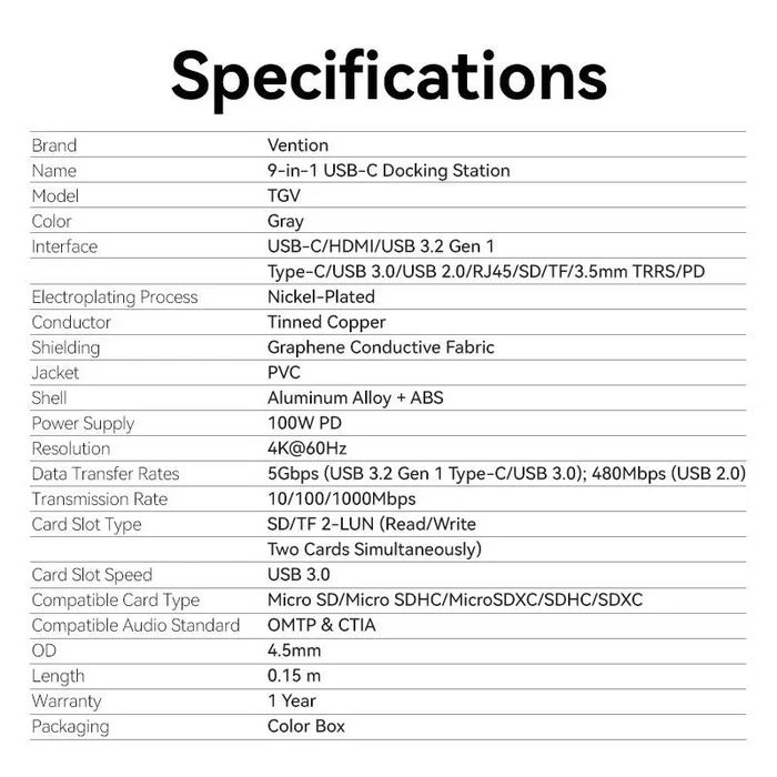 Vention TGV Dock 9-en-1 Hub USB-C 3.2 Gen 1 con PD 100W, HDMI 4K@60Hz, Ethernet, Lector SD/TF y Jack 3.5mm para Laptop, Cable 15cm Vention TGV Dock 9-en-1 Hub USB-C 3.2 Gen 1 con PD 100W, HDMI 4K@60Hz, Ethernet, Lector SD/TF y Jack 3.5mm para Laptop, Cable 15cm