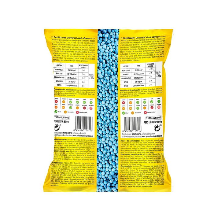 Agreen Fertilizante Universal Azul 800 g para Plantas de Exterior, Nutrición Óptima, Sin Cloruros