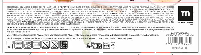 La Mediterranea Set 3 Tazas Boro Lisas 90 ml 5 cm diámetro x 6 cm altura (24 Unidades)