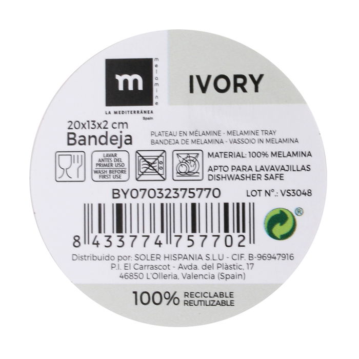 La Mediterranea Bandeja Melamina Ivory 20 cm x 13 cm x 2 cm (24 Unidades)