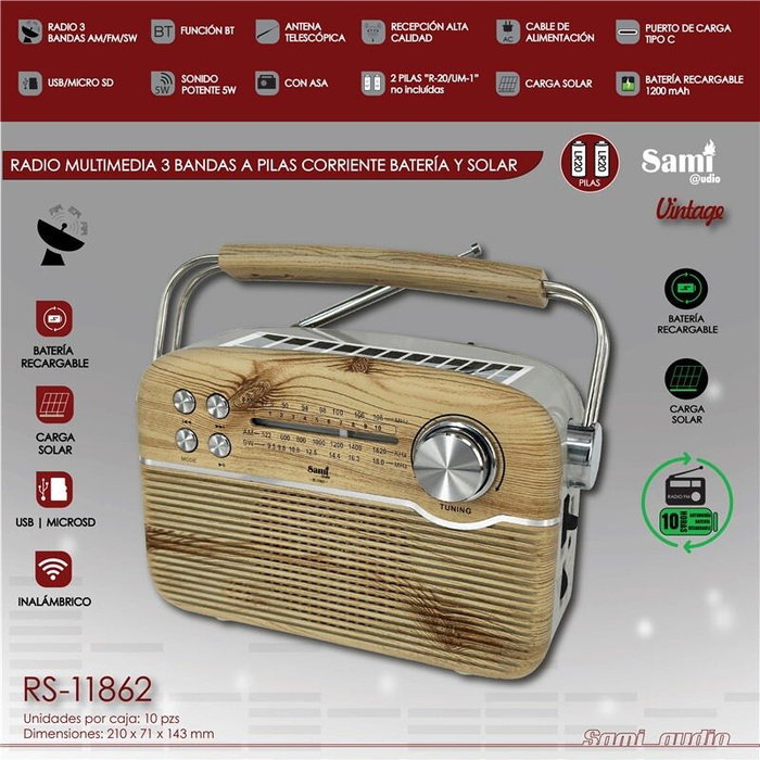SAMI Radio Vintage 3 bandas - Funciona con AC, Pilas, Solar y Batería
