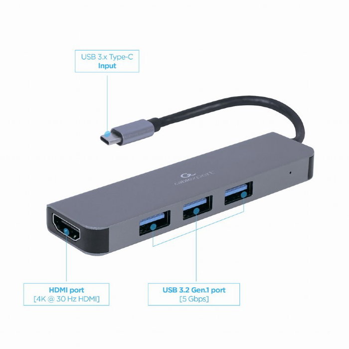 GEMBIRD Adaptador multipuerto Tipo C a HDMI 4K con 3 puertos USB para portatiles con puerto Tipo C