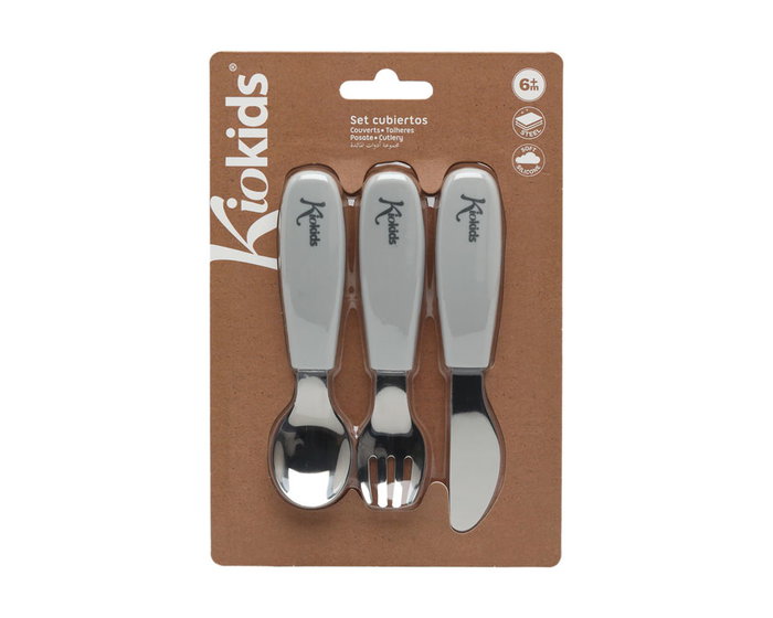KioKids Set Cubiertos Infantiles de Acero Inoxidable 304 y Silicona Gris | Para Niños +6 Meses | 14 cm | Compatible Lavavajillas
