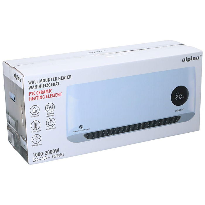 Alpina Calefactor de Pared 1000/2000 W con Termostato Ajustable, Mando a Distancia, Temporizador y Pantalla LED, Blanco, 42x10.5x17.5 cm
