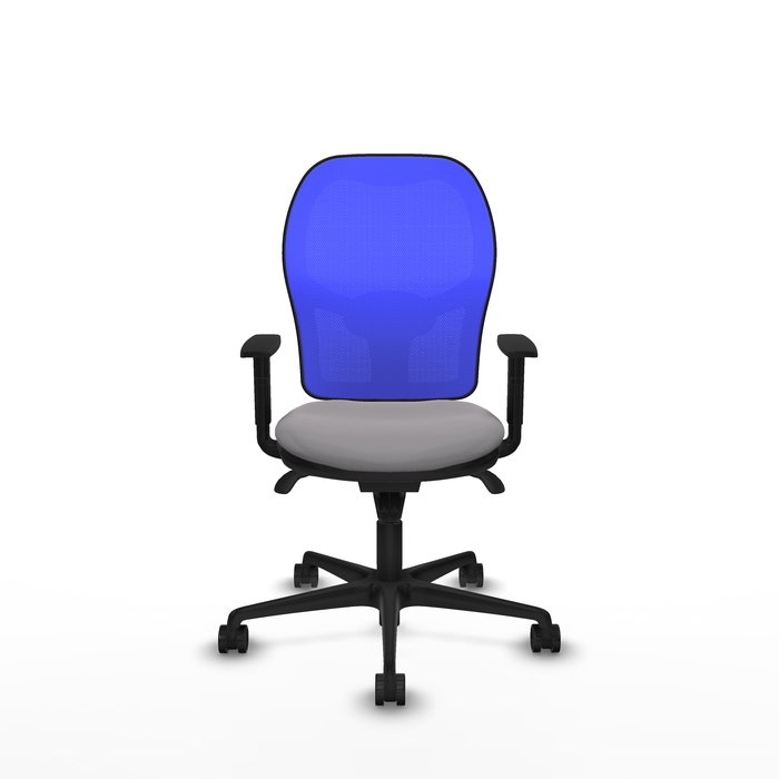 Silla de oficina Jorquera con mecanismo Sincro tapizada con Similpiel color Gris y malla color Azul. Equipada con lumbar 1D, Brazos 1D y Ruedas 65mm nailon