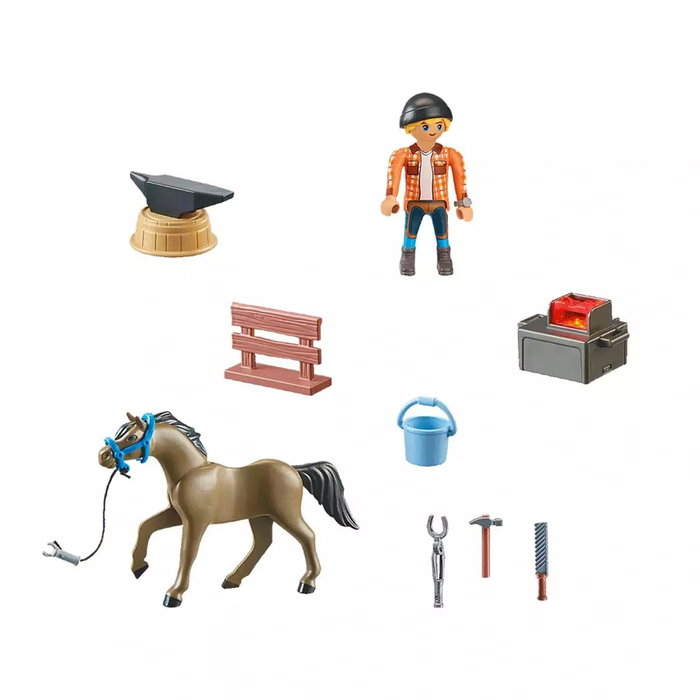 PLAYMOBIL 71357 Herrador Ben y Caballo Aquiles Set, con Yunque, Tenazas, Martillo y Fragua - Juguete de Herraje para +5 años