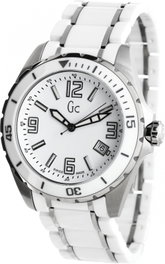 GUESS Reloj X85009G1S con correa de cerámica blanca y caja plateada