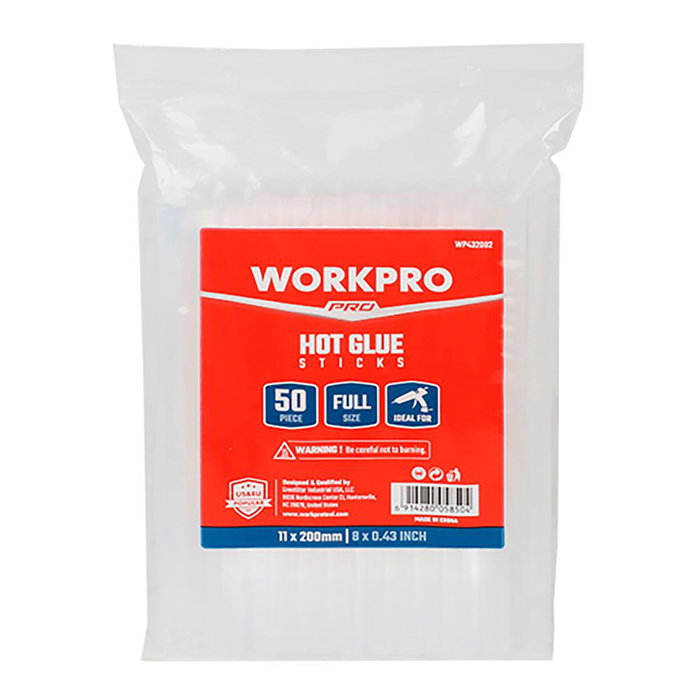 Workpro Barras de cola caliente termofusible, Ø11 x 200 mm, transparente e incoloro, pack de 50 unidades Workpro Barras de cola caliente termofusible, Ø11 x 200 mm, transparente e incoloro, pack de 50 unidades
