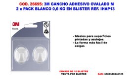 3M FINS Gancho Adhesivo Ovalado Blanco Pack de 2