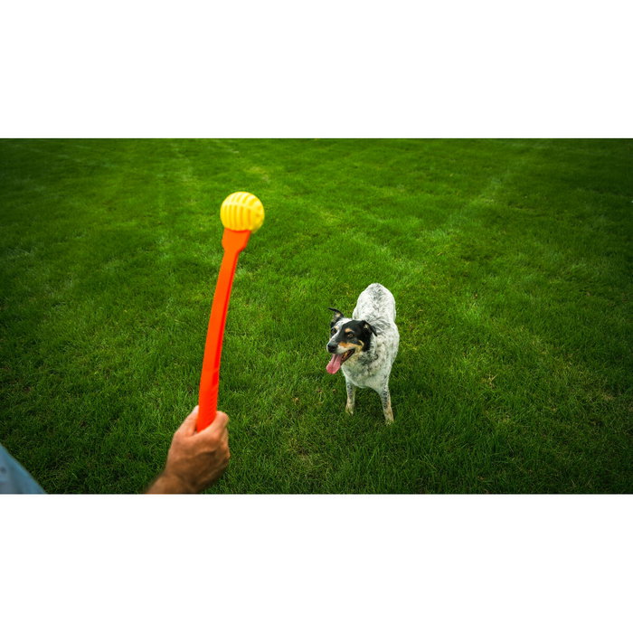 Hunter Flingerz Pelota para Perro de Goma Resistente con Lanzador Rellenable para Snacks con Silbido y Flotante