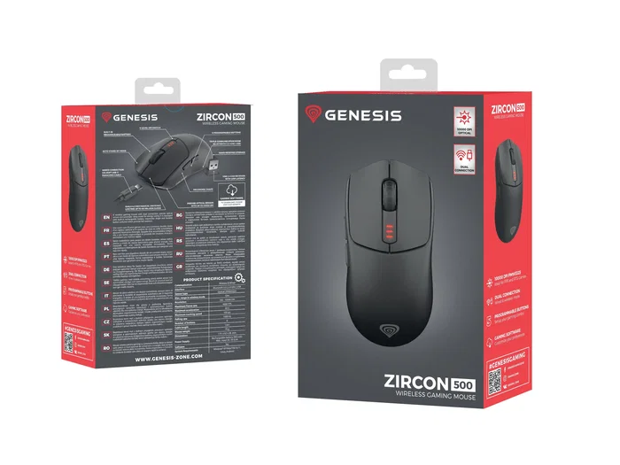 Genesis Zircon 500 - Ratón Gaming Inalámbrico Triple (RF 2.4GHz + Bluetooth 5.0 + USB-C) para Diestro, Sensor Óptico Pixart PMW3325 10000 DPI, Interruptores Kailh 4.0, 79g, Negro