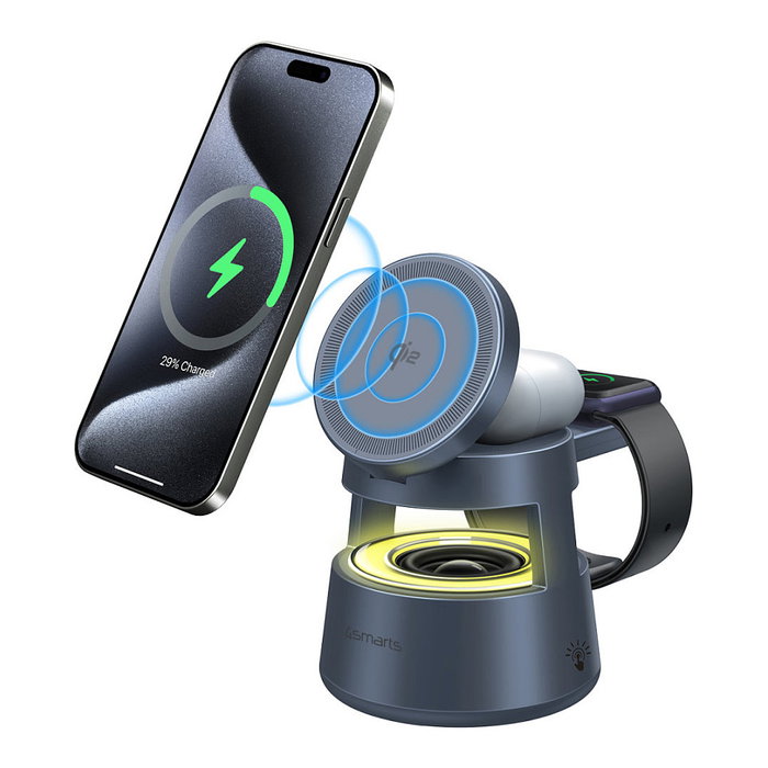 4smarts Aura Sound Qi2 Estación de Carga Inalámbrica para Auriculares, Smartphone y Reloj Inteligente, MagSafe, Gris Espacial