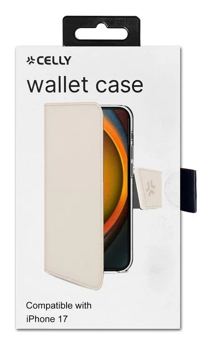 Celly WALLY Funda cartera para iPhone 17 - 16 cm (6.3") - Imitación piel color Arena con soporte de sobremesa, cierre magnético y 3 bolsillos para tarjetas, resistente a rayones