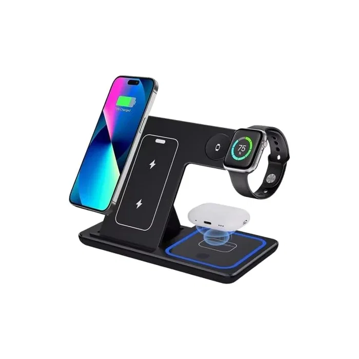 Generico Base de Carga Inalámbrica 3 en 1 de 15W para iPhone 17/16/15/14/13/12/11, Apple Watch Series 11/10/9/8/7/6/SE y AirPods Pro 3/4/3/2, Carga Rápida Qi, Color Negro