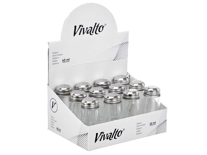 Vivalto Salero de Cristal Cónico Transparente con Tapa Metálica - 5.5 x 10.5 x 5.5 cm (Set de 48)