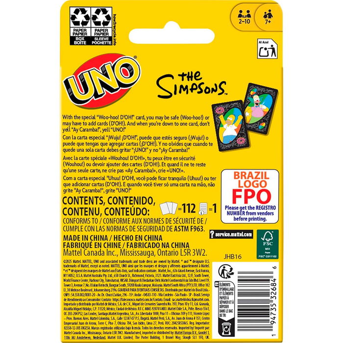 UNO Juego de Cartas Los Simpsons JHB16 Español, Francés, Alemán, Portugués, Inglés