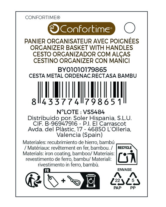 Confortime Cesta Metálica Rectangular con Asa de Bambú Confortime Cesta Metálica Rectangular con Asa de Bambú