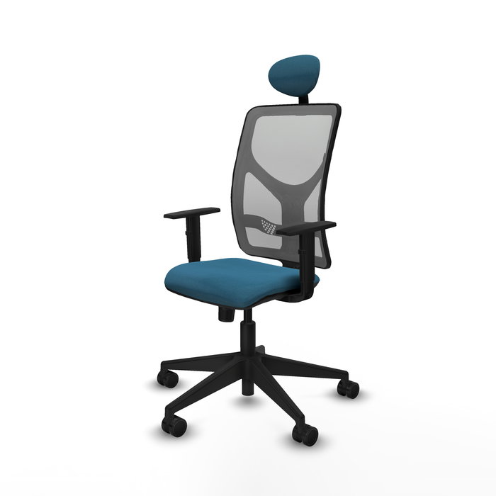 Silla de oficina Motilla con mecanismo Sincro tapizada con Tela color Verde petróleo y malla color Gris. Equipada con lumbar 1D, Brazos 1D, Cabecero Fijo y Ruedas 65mm nailon