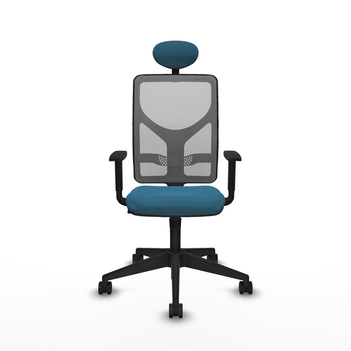 Silla de oficina Motilla con mecanismo Sincro tapizada con Tela color Verde petróleo y malla color Gris. Equipada con lumbar 1D, Brazos 1D, Cabecero Fijo y Ruedas 65mm nailon