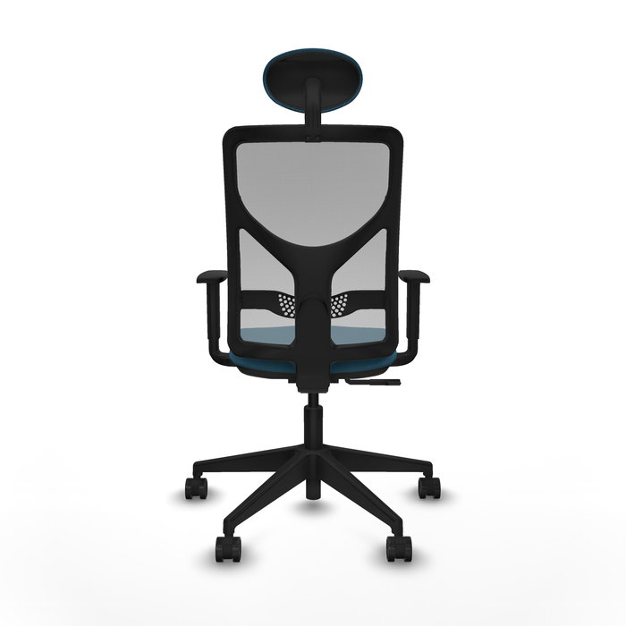 Silla de oficina Motilla con mecanismo Sincro tapizada con Tela color Verde petróleo y malla color Gris. Equipada con lumbar 1D, Brazos 1D, Cabecero Fijo y Ruedas 65mm nailon