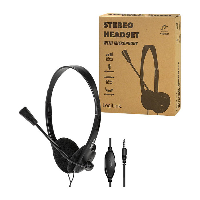 LogiLink Auriculares Diadema HS0055 con Micrófono de Brazo, Alámbrico, Supraaurales, Negro, 1.8 m de Cable, 20-20000 Hz, 85 g
