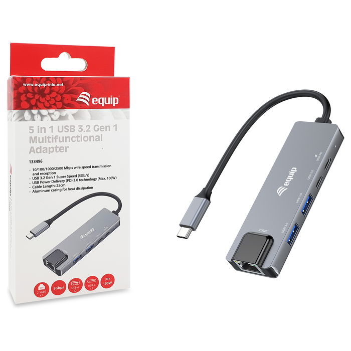 EQUIP 133496 Adaptador USB-C a RJ45 2500 Mbps con 2x USB 3.2 + 1x USB-C y 100W PD