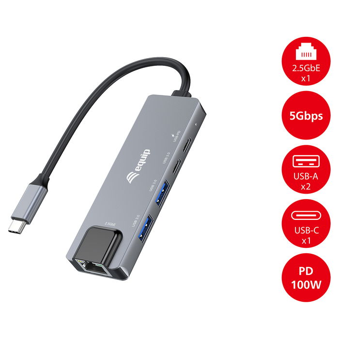 EQUIP 133496 Adaptador USB-C a RJ45 2500 Mbps con 2x USB 3.2 + 1x USB-C y 100W PD